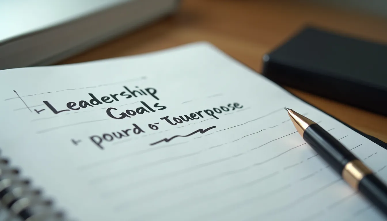 Close-up view of a notebook with leadership goals and a pen
